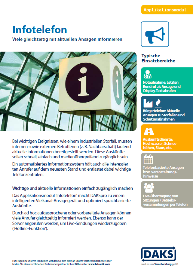 DAKS-Applikation Infotelefon Produktinfo-Flyer