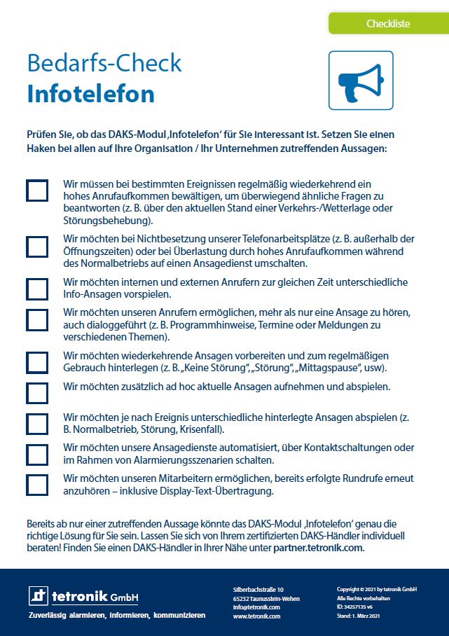 DAKS-Applikation Infotelefon Produktinfo-Flyer